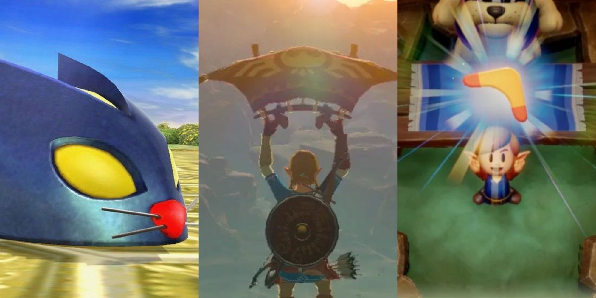Geteilte Bilder von einem Bombchu, Link beim Gleitschirmfliegen in Breath of the WIld und Link, der in Link's Awakening 2019 einen Bumerang erhält.