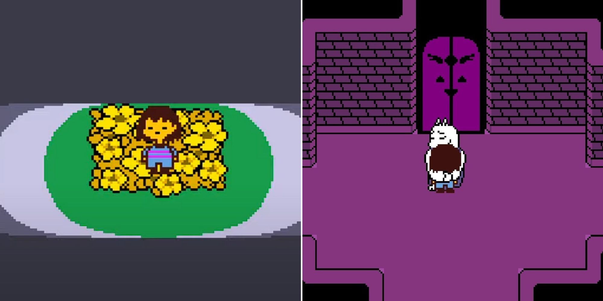 The main character at the very start of Undertale in a flower bed and later hugging Toriel in the ruins in Undertale