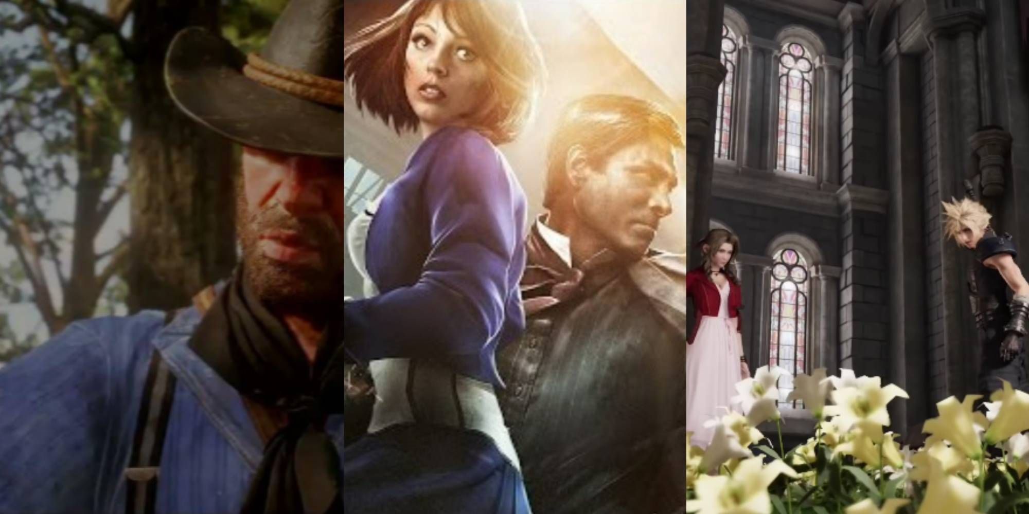 Arthur Morgan in Red Dead Redemption 2, Booker and Elizabeth in Bioshock Infinite, and Aerith and Cloud In Final Fantasy 7 Remake