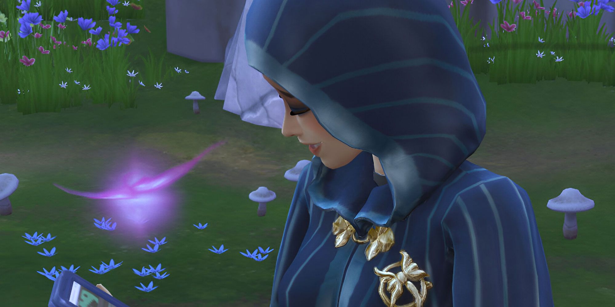 A Sim wearing Secret Society robes uses her phone while a small purple sprite flies around her.