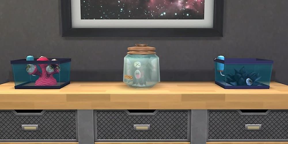 Multiple alien specimens sit on a table in The Sims 4.