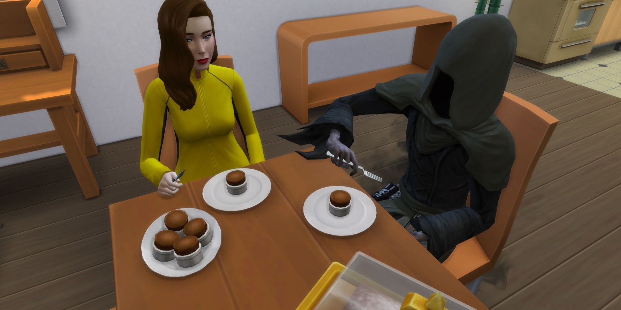 The Grim Reaper and a friendly sim eating chocolate cupcakes in The Sims 4.