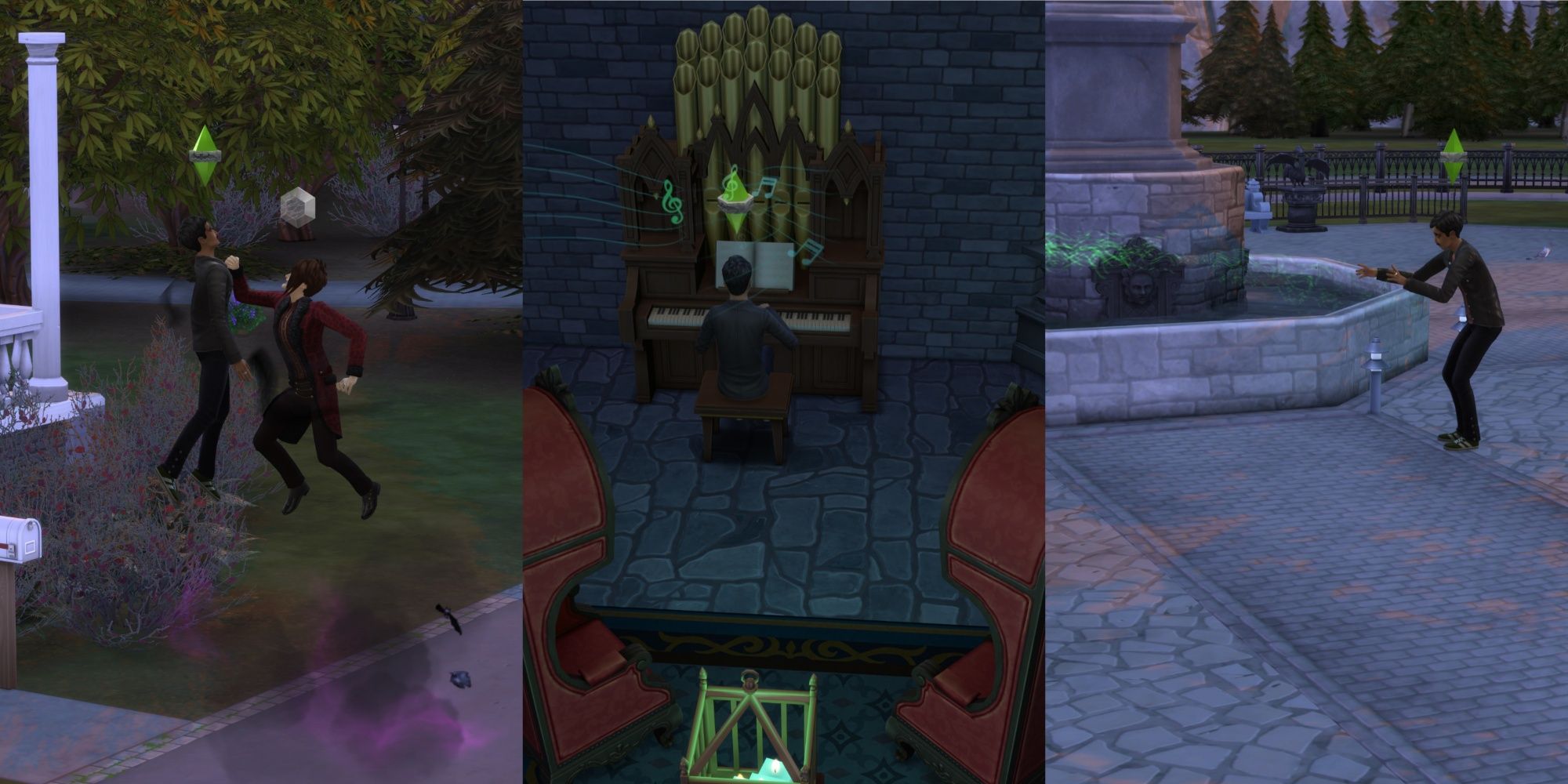 Vampires sparring (left), a vampire playing the organ pipe (centre), and a vampire using his powers (right)