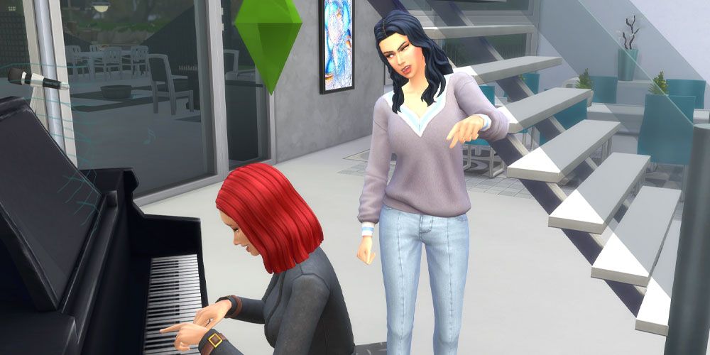 A female Sim stands behind another female Sim giving directions on how to play the piano in The Sims 4