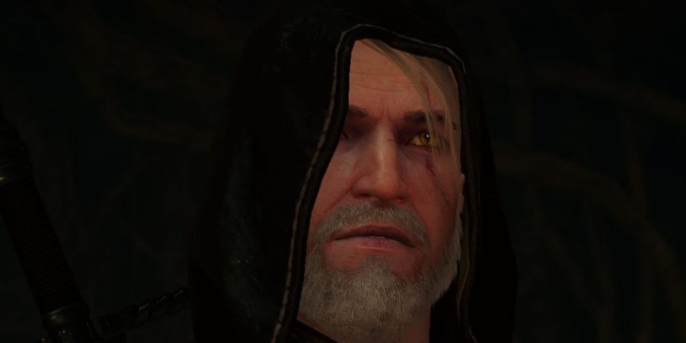 The Witcher 3 Geralt wearing a hood that prtially covers his face