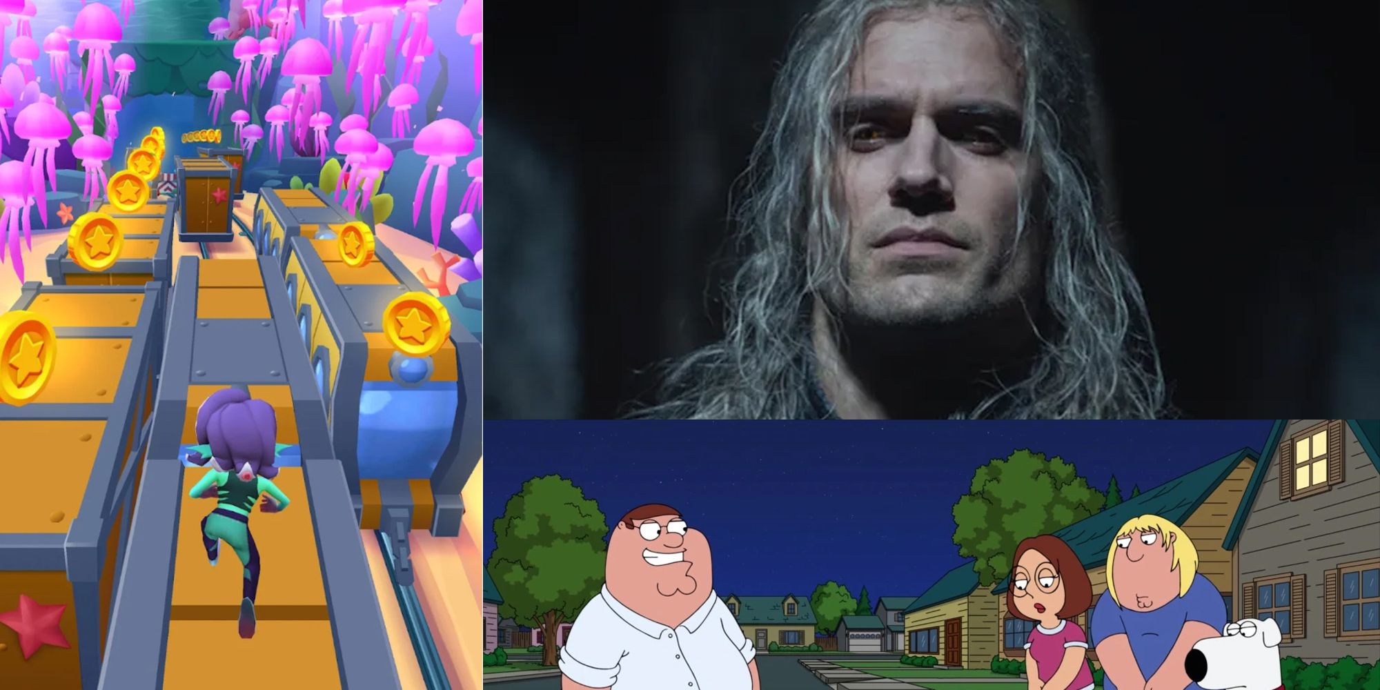 The Witcher TikTok-style with Subway Surfers on the left and a Family Guy clip on the bottom