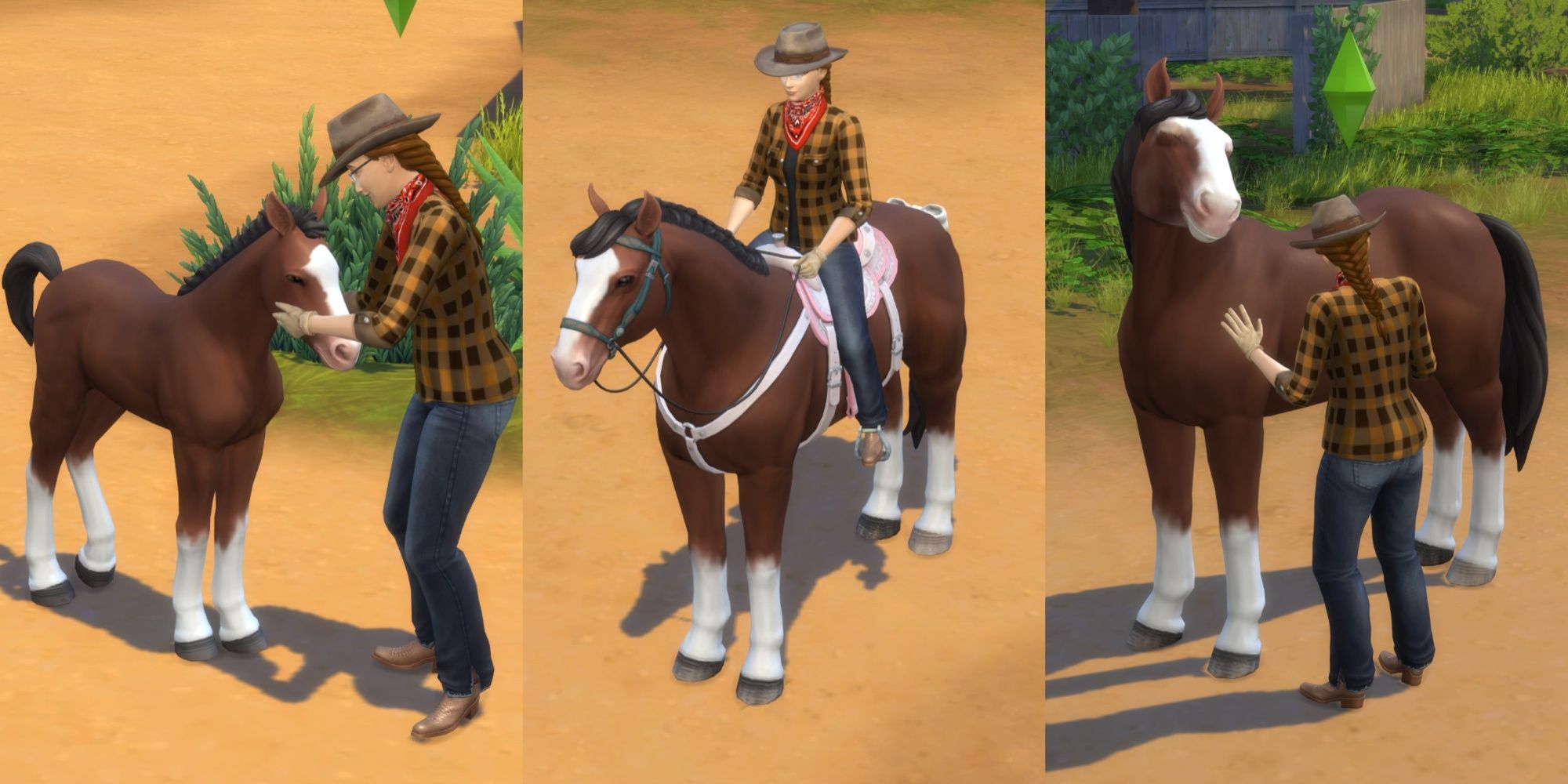 The three horse ages--foal, adult, and elder--in the Sims 4, from left to right.