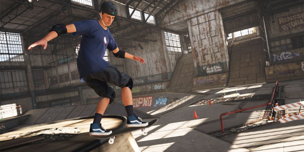 Tony Hawk performing a grind in the iconic warehouse level.