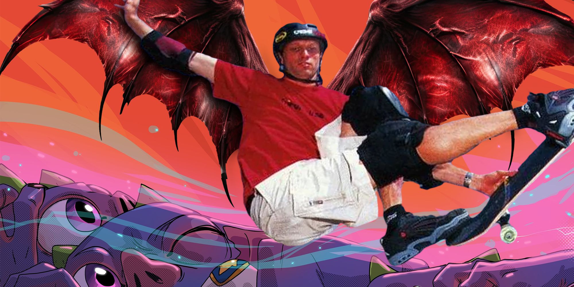 Tony Hawks Pro Skater 3 art with demon wings and Helskate in the background