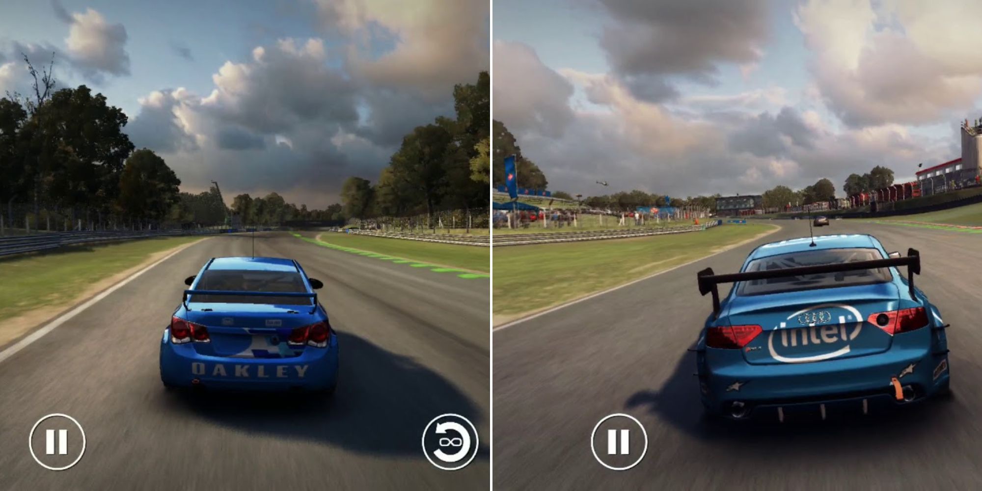 Two blue cars racing along a track in GRID Autosport