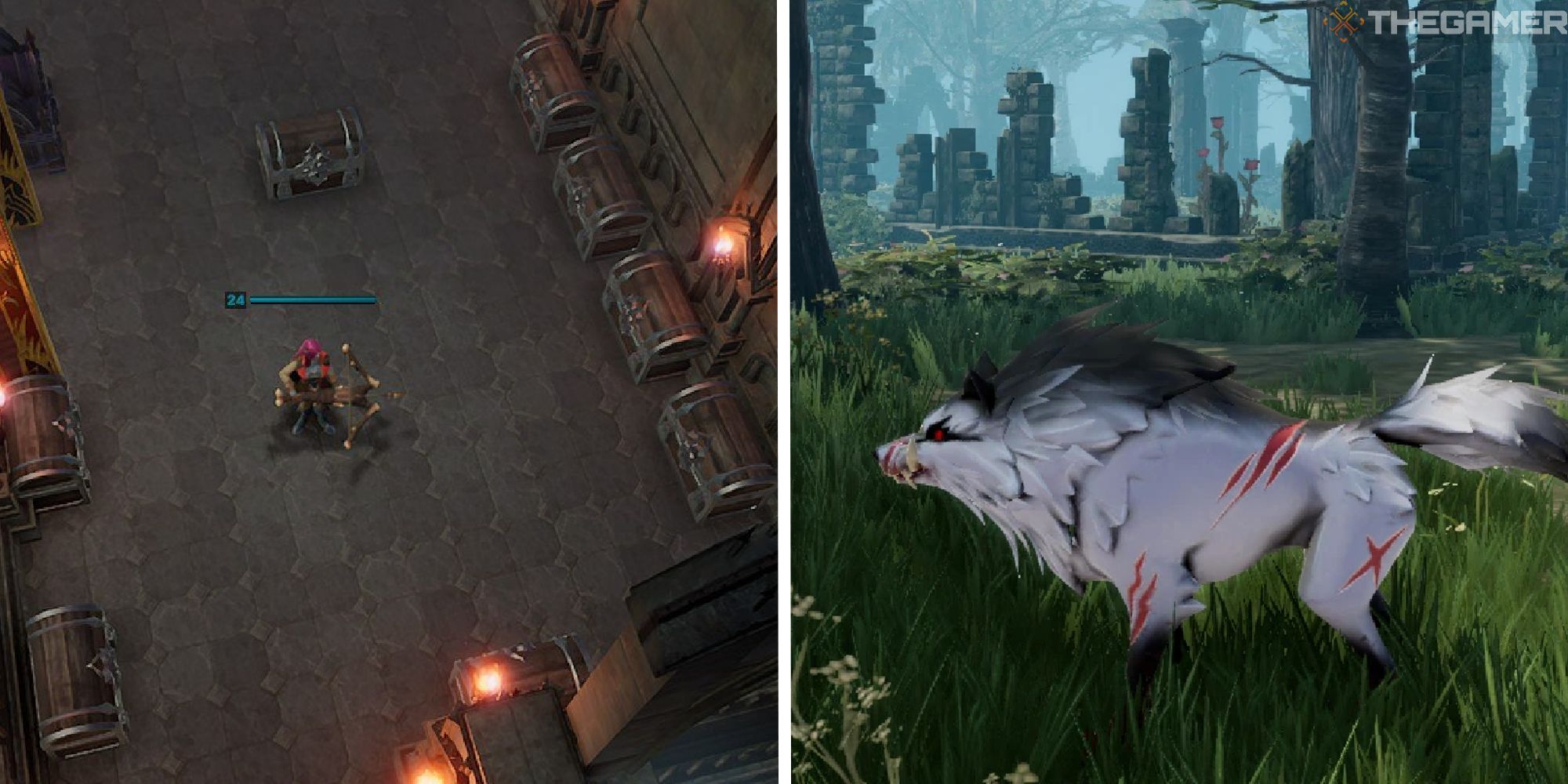 split image showing player in storage room next to image of alpha wolf form