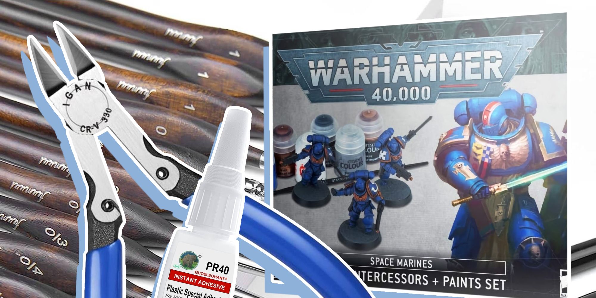 Warhammer 40k Accessories to buy to pain your sets with paintbrushes glue sets and more. 