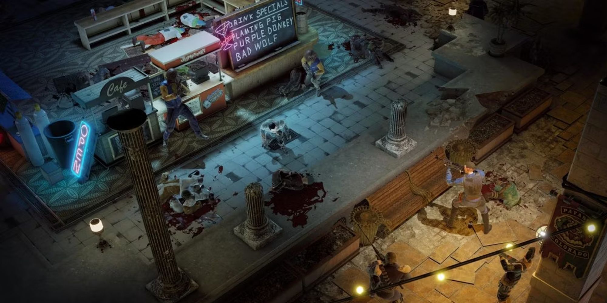 Wasteland 3 Characters Fight Across A Market Plaza