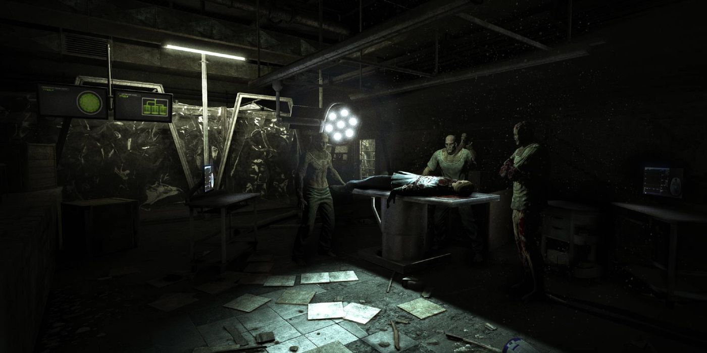 Whistleblower Outlast scientists gathered around a body on a table.