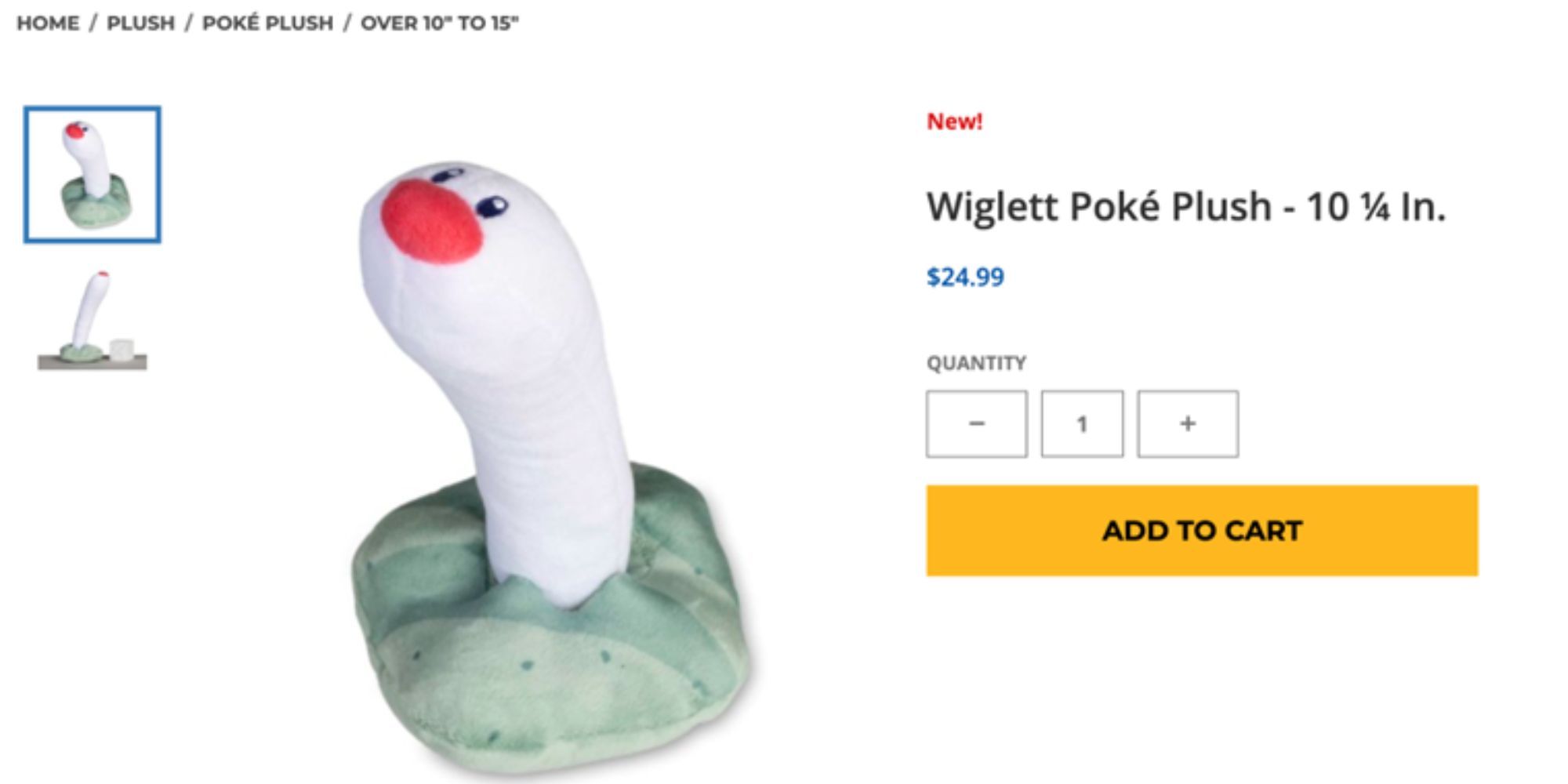 A store page for a Wiglett Pokemon plush toy that looks like a dildo. But not intentionally. 
