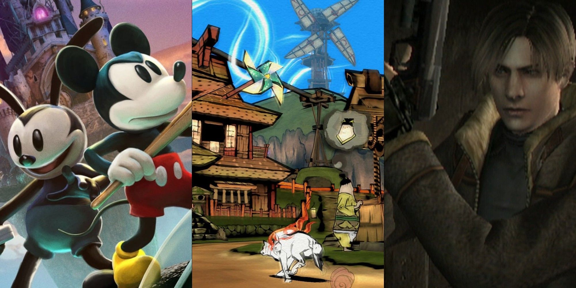 A split image featuring Epic Mickey, Okami, and Resident Evil 4