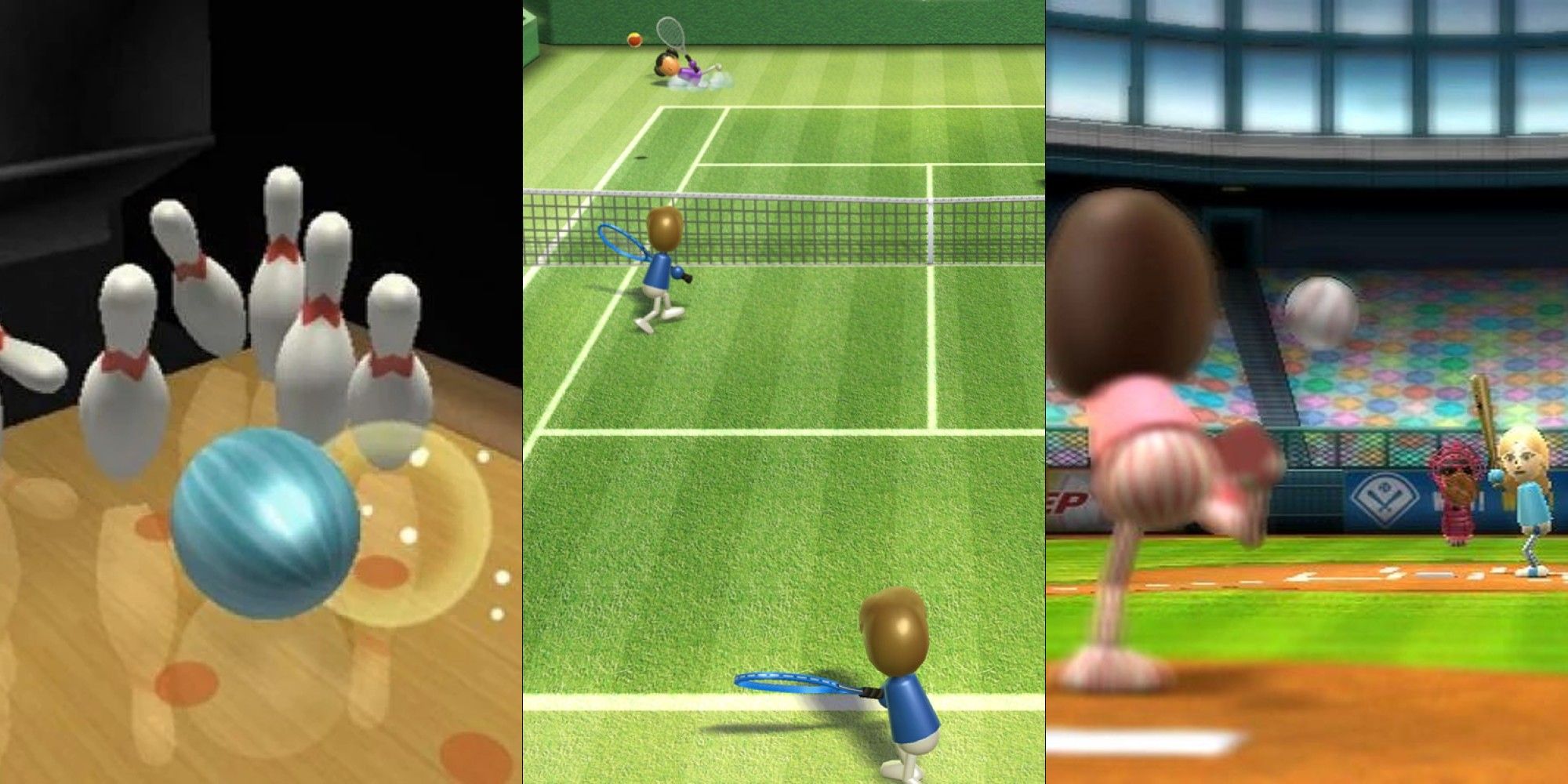 Collage image of bowling, tennis, and baseball mini-games in Wii Sports.