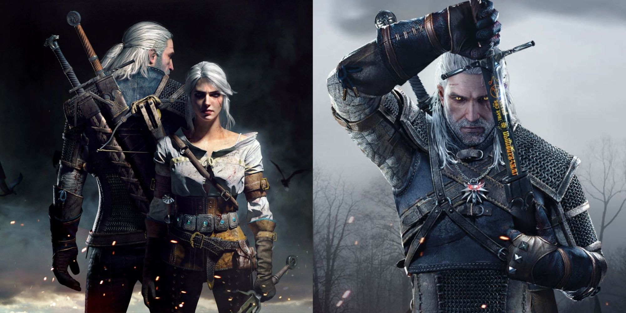 Geralt und Ciri und Geralt ziehen ein Schwert
