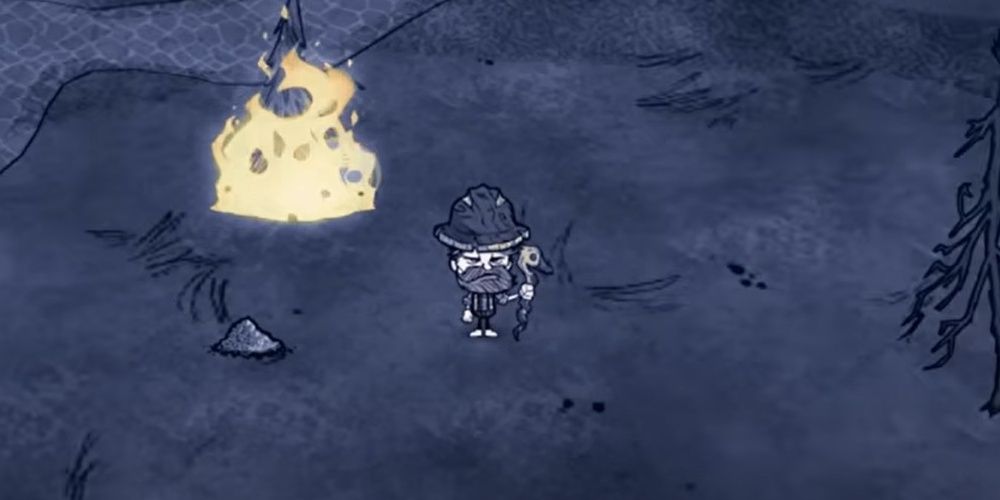 Don't Starve Together Woodie Wearing Hardwood Hat And Wooden Walking Stick At A Full Moon Beside Burning Tree