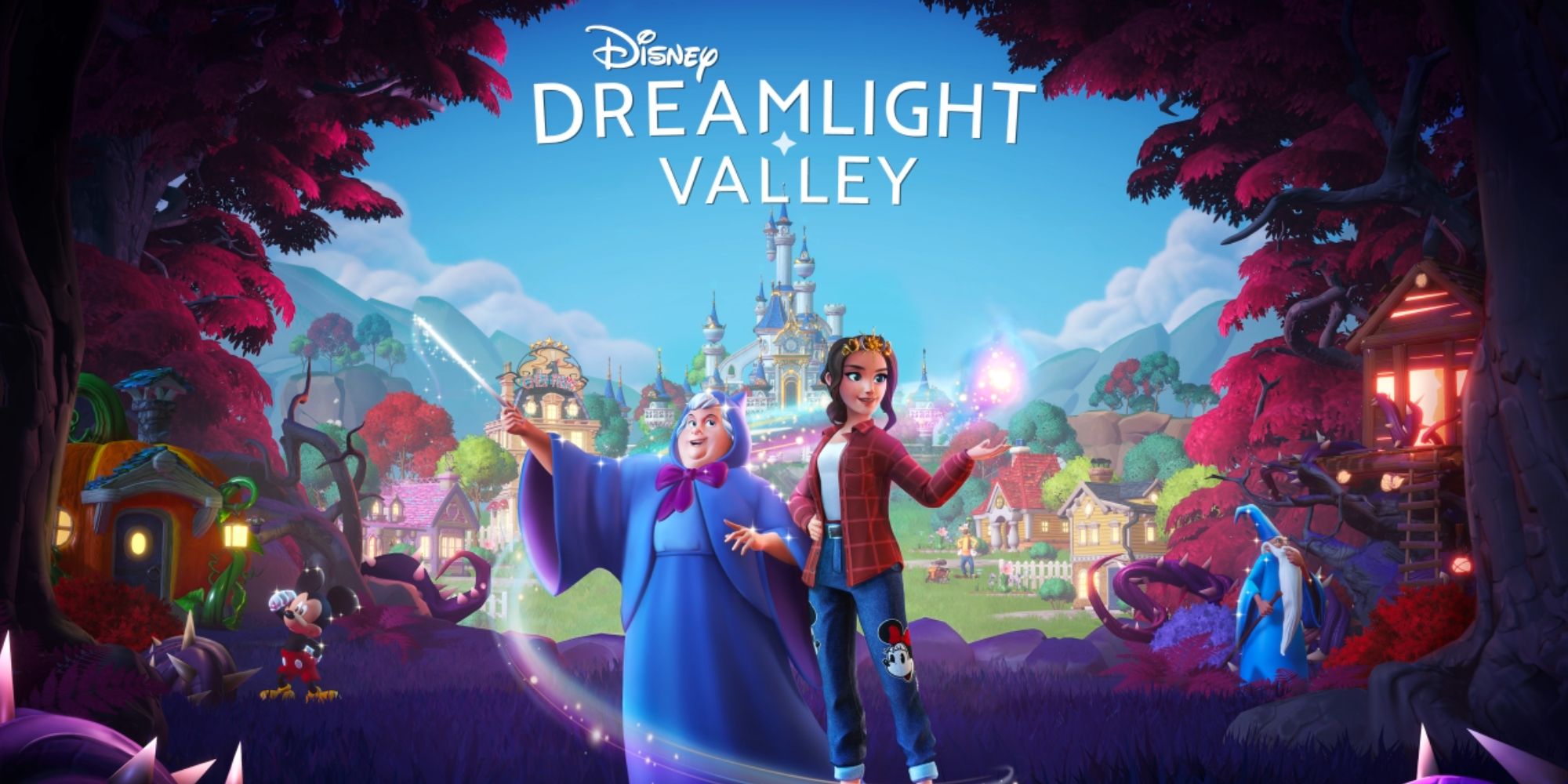 Disney Dreamlight Valley - The Protagonist, The Fairy Godmother From Cinderella, Merlin, And Mickey Mouse Standing In A Forest In Front Of The Village