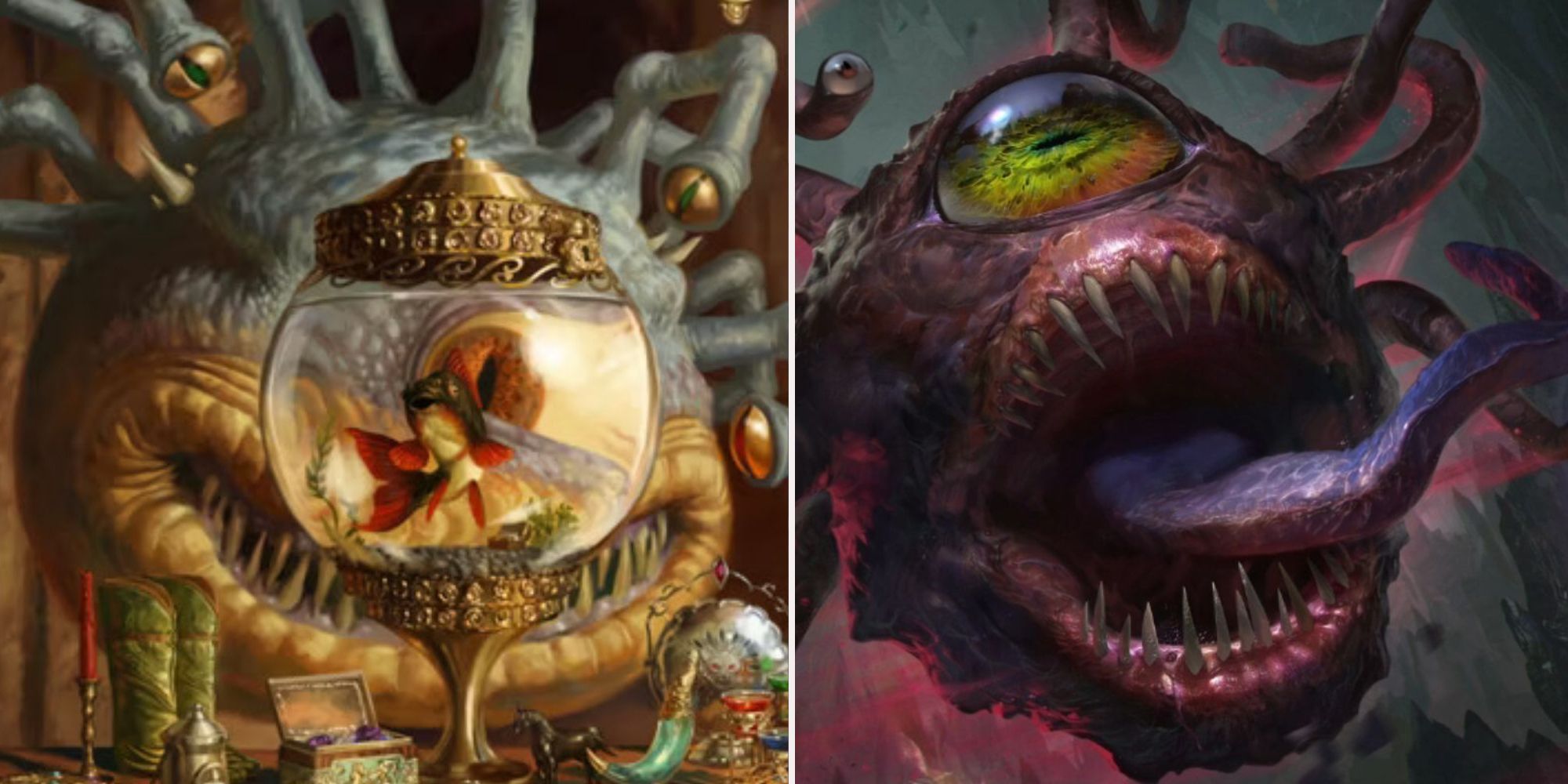 A Beholder studies his environment on the cover of Xanathar's Guide To Everything and mad Beholder with teeth bared and mouth open.