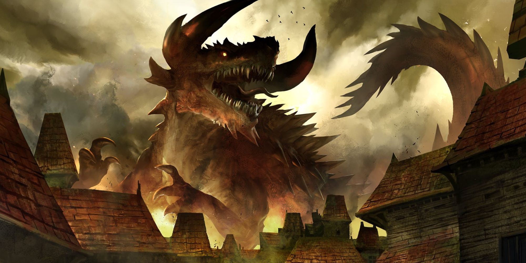 You Look Upon the Tarrasque by Kekai Kotaki Tarrasque destroying a town while fire and smoke rages around it