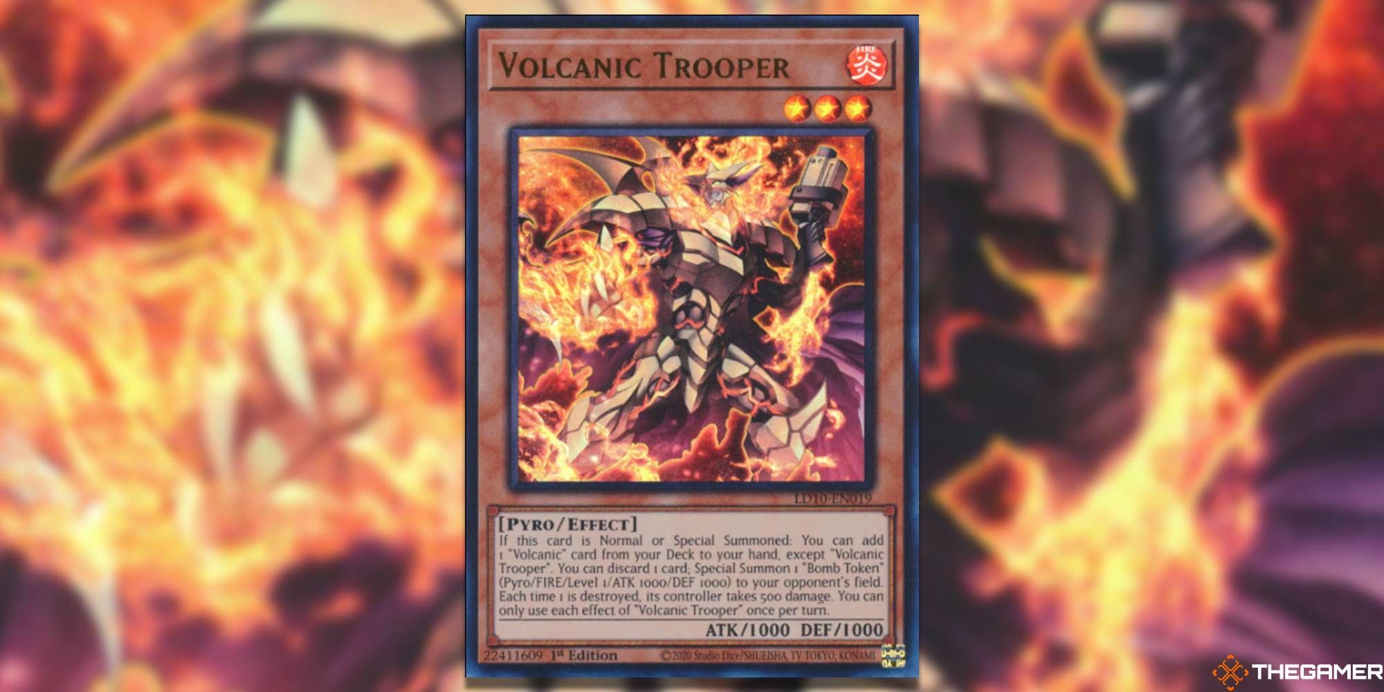 yugioh volcanic trooper effect monster card and background