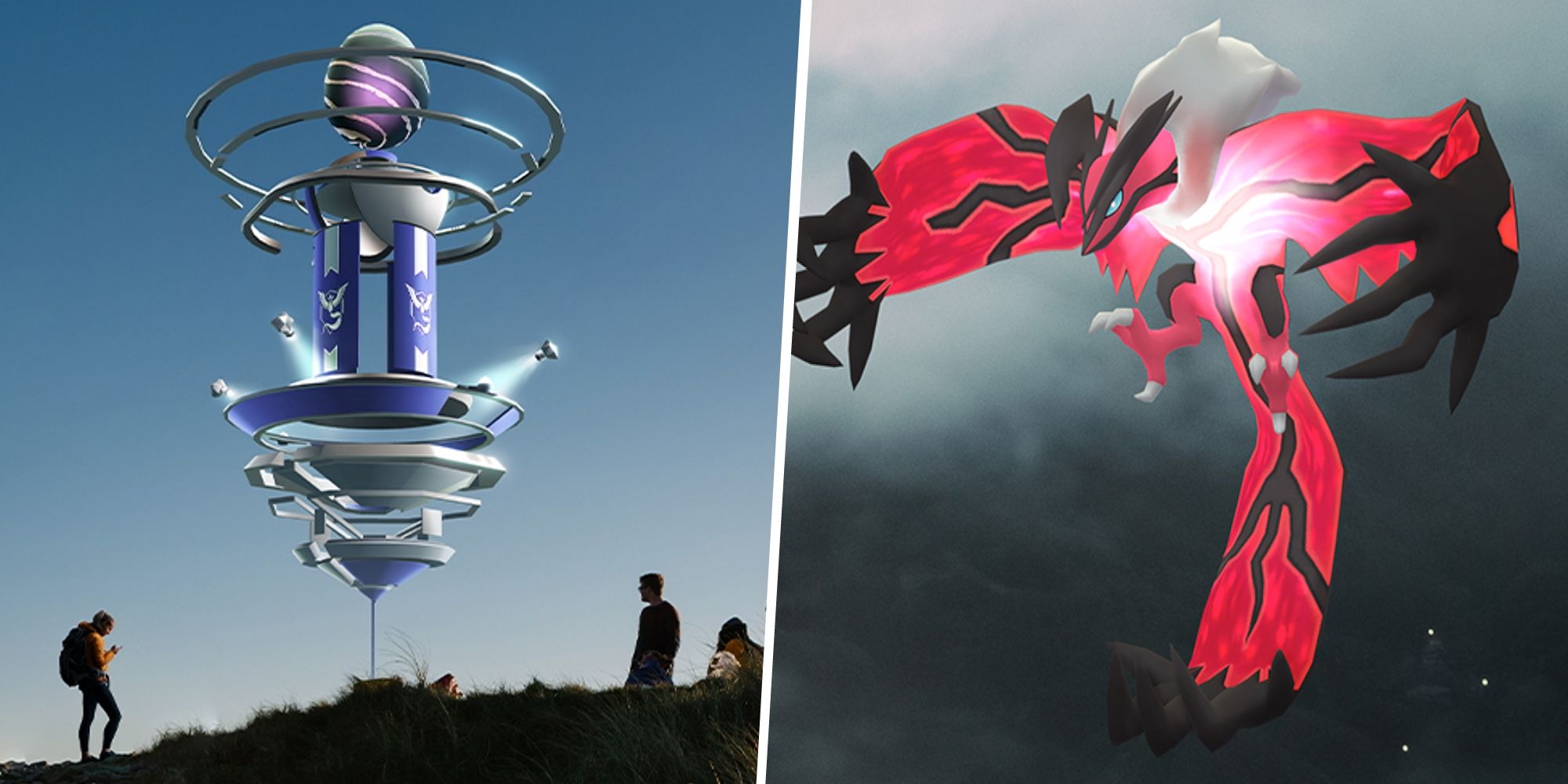 Image of people around a Pokemon Go Raid split with an image of Yveltal