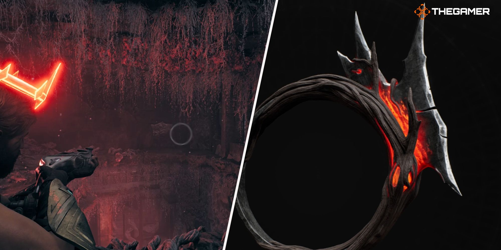 Collage image of a human character aiming a gun at a wall, and Zania’s Malice Ring in Remnant 2