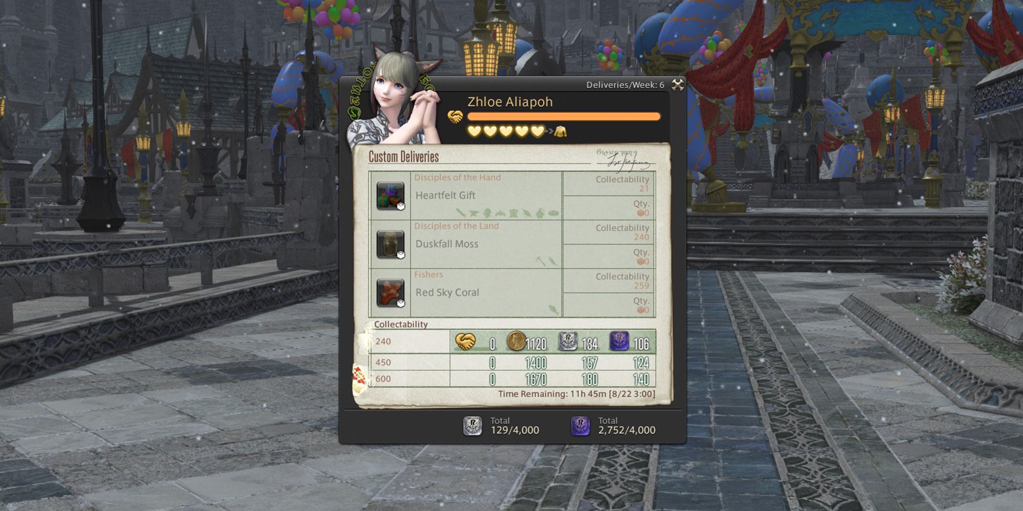 menu showing the items available to deliver to zhloe, and what rewards she offers
