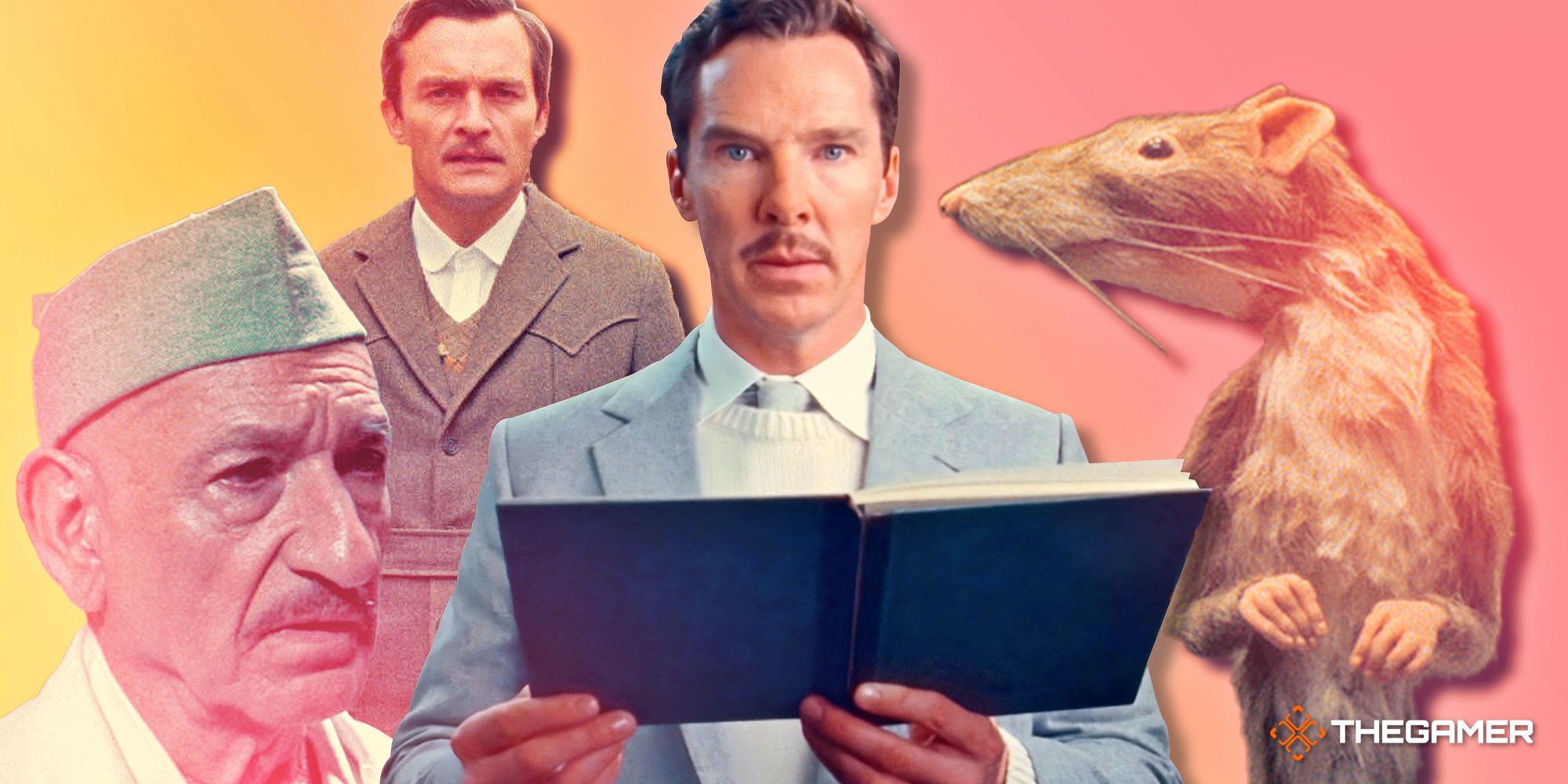 Benedict Cumberbatch holding a book in The Wonderful Story of Henry Sugar, flanked by characters from the other three Netflix shorts.