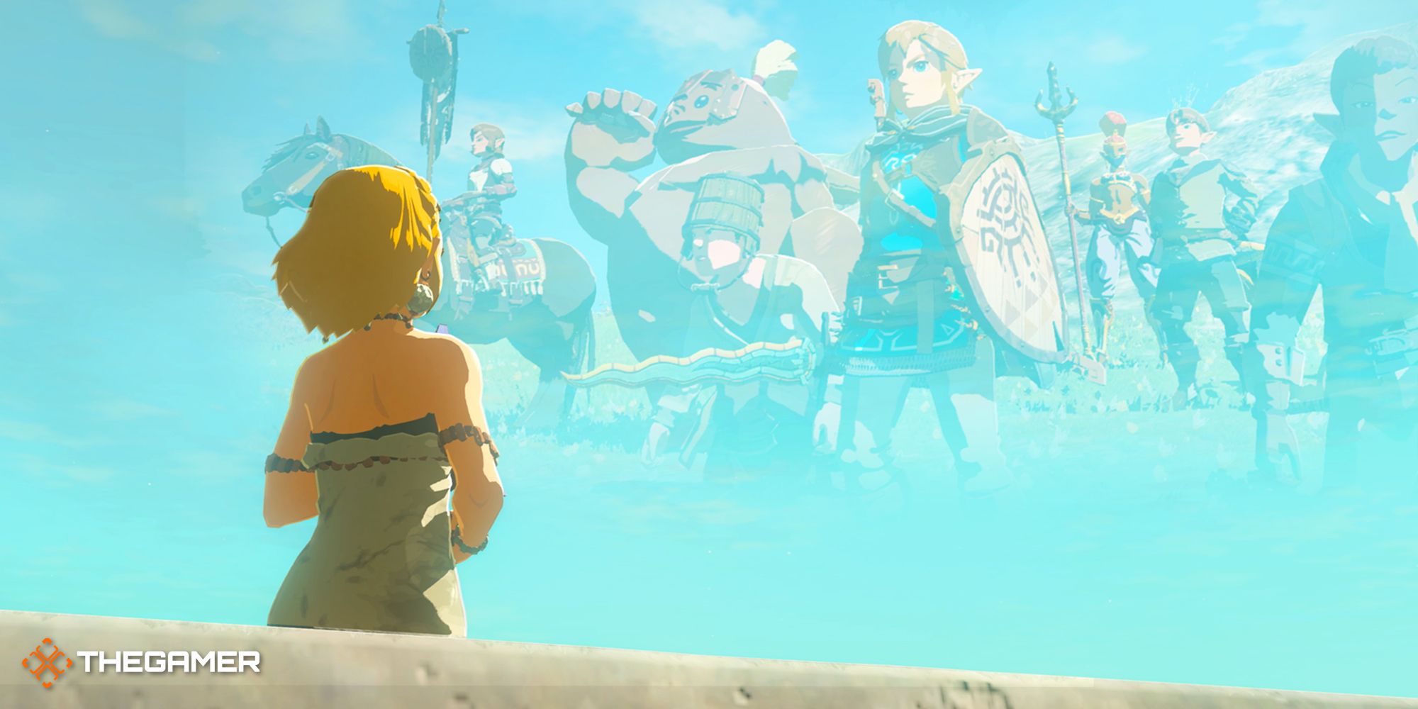Zelda looking up at Link and the other denizens of Hyrule in Tears of the Kingdom