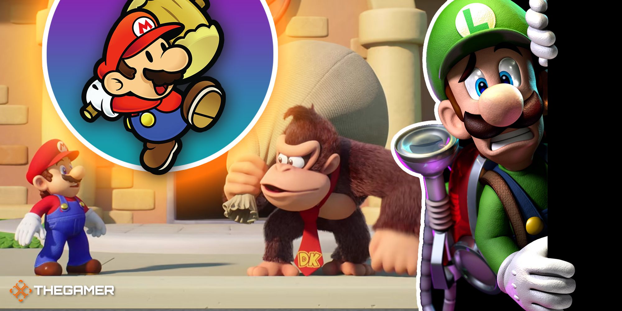 Mario and Donkey Kong, Paper Mario, and Luigi collage image