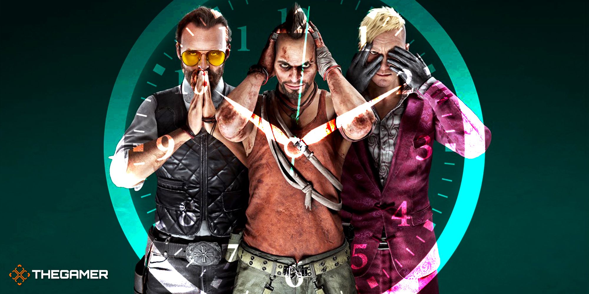 Villains from Far Cry 5, 3, and 4 making the speak no evil, hear no evil, see no evil pose, with a ticking clock superimposed behind them and the clock's hands in front