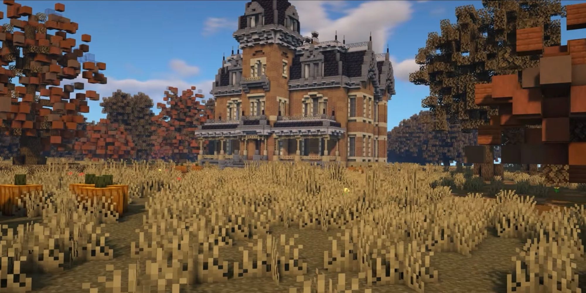 An image from Minecraft of a haunted mansion in the Victorian architectural style.
