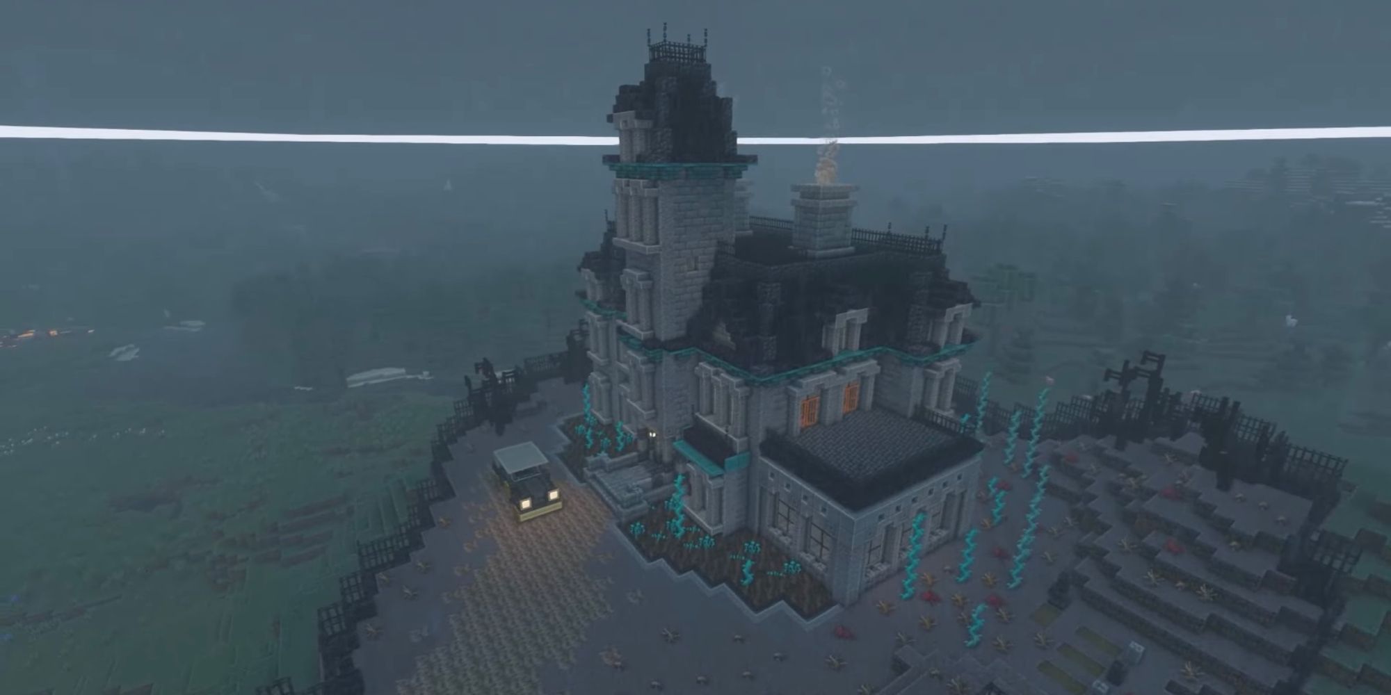 An image from Minecraft of the Addams Family House, from the popular horror movie.