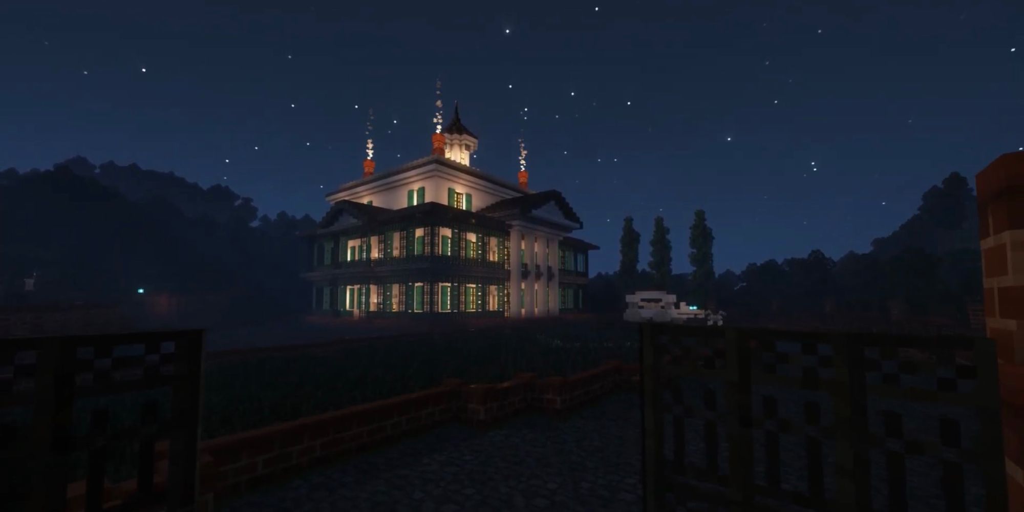 An image from Minecraft of a haunted mansion, the house form the movie titled The Haunted Mansion.