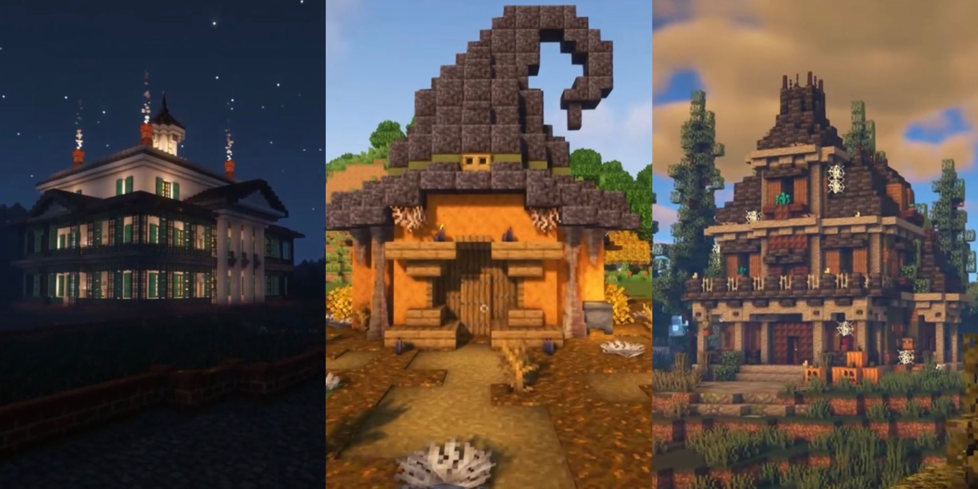 A split image that showcases three different halloween themed haunted houses built in the popular sandbox game Minecraft.