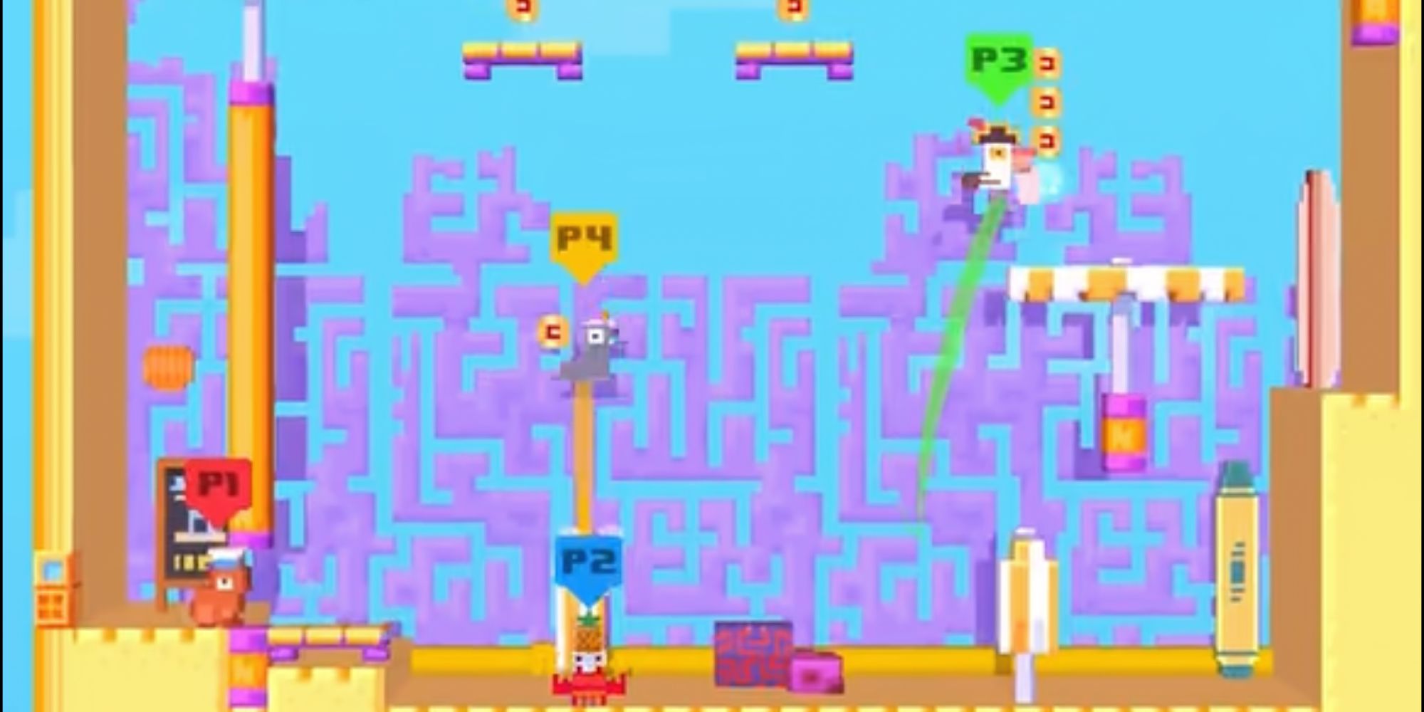A friendly multiplayer game of Crossy Road Castle with four players, namely, P1, P2, P3 and P4