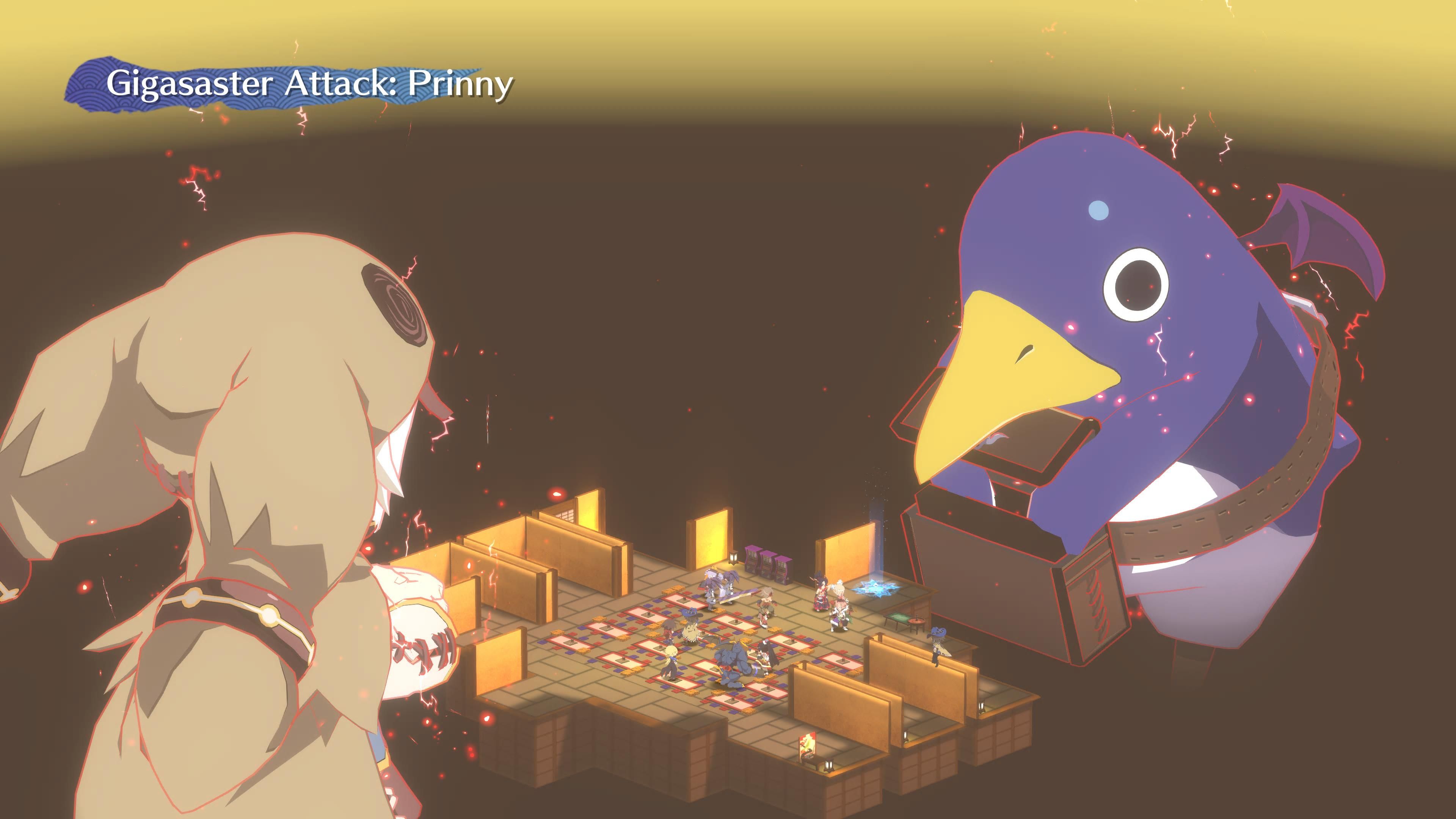 A Jumbified Prinny fighting against a Jumbified mage in Disgaea 7