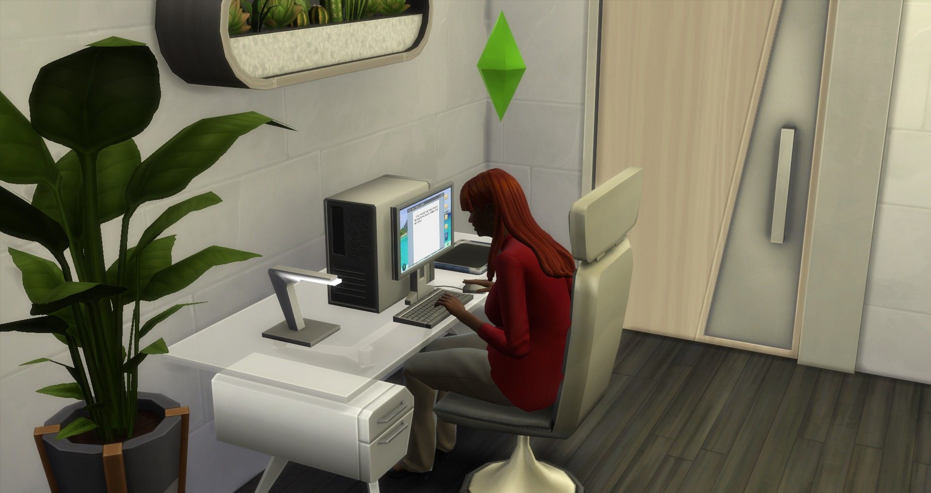 a sim in the business career at her computer sims 4