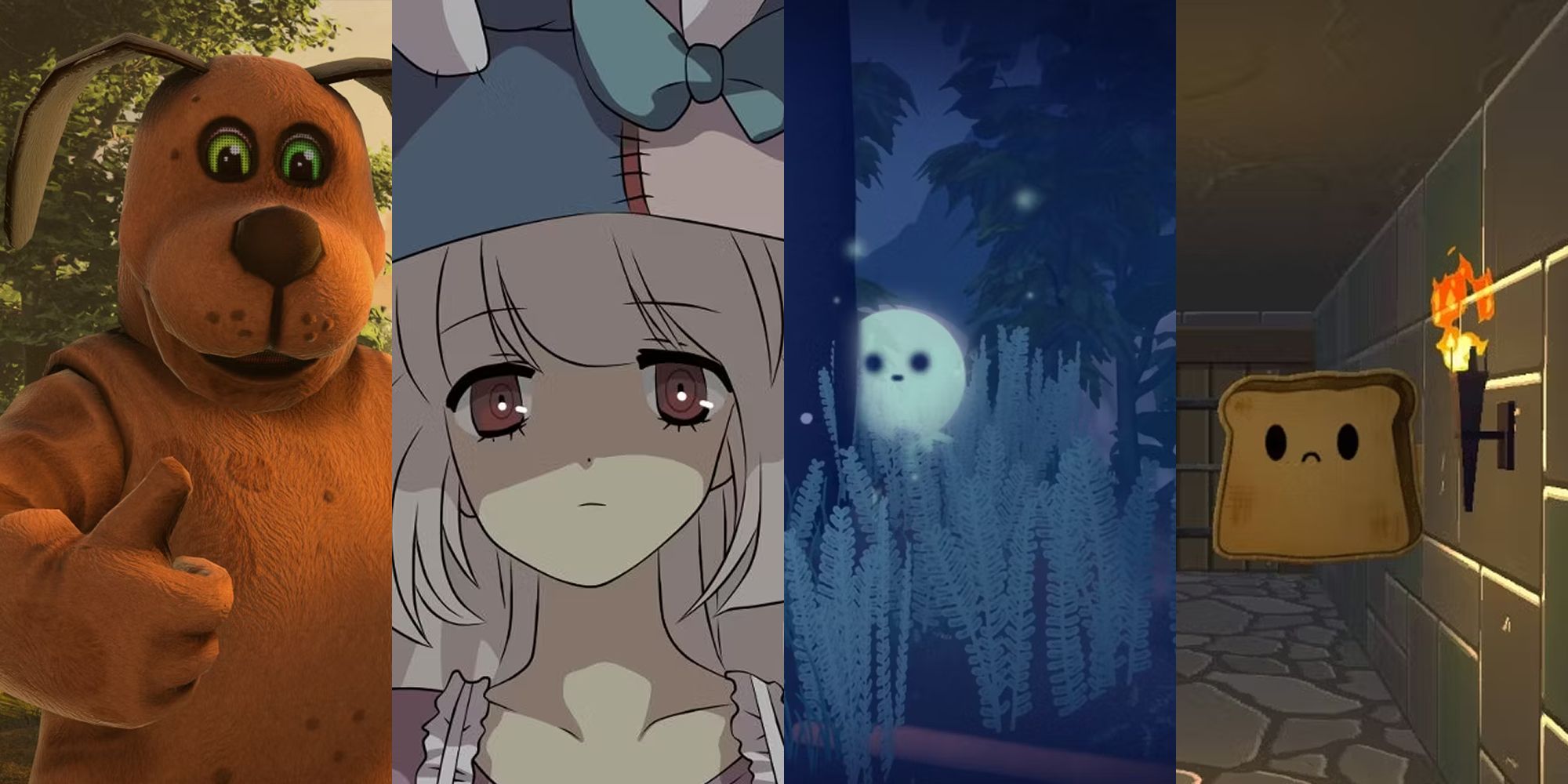 A Split Image Depicting Scenes From Duck Season, Irisu Syndrome, Penko Park, And Spooky's House Of Jumpscares