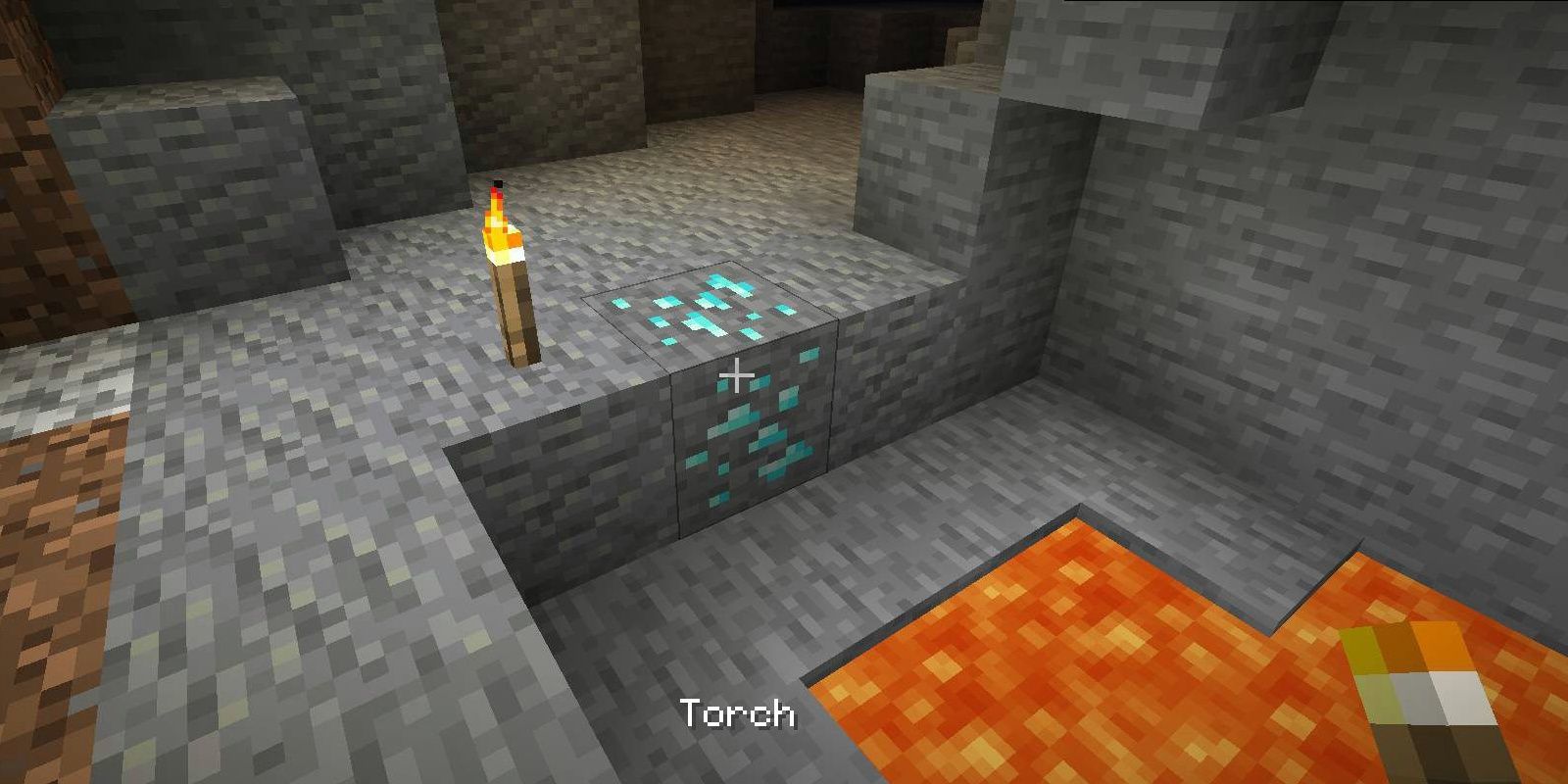 Minecraft Mining Diamonds Underground In A cave With Lava Holding Torches