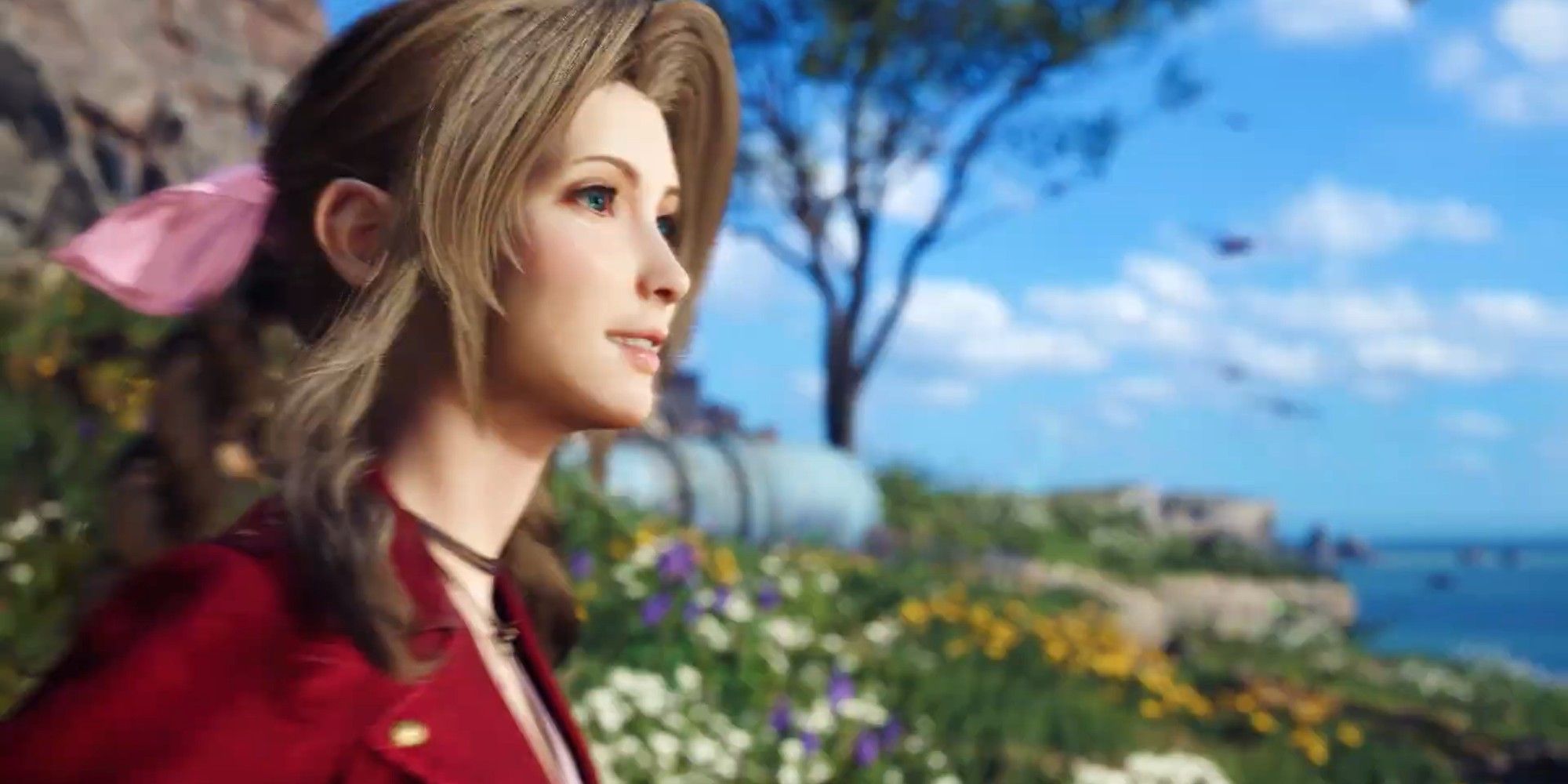 Aerith Gainsborough looking at the sky and smiling