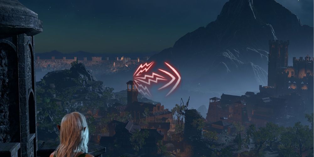 Agonizing Blast Spell Icon Icon Over Image Of Tav Overlooking The City in Baldur's Gate 3