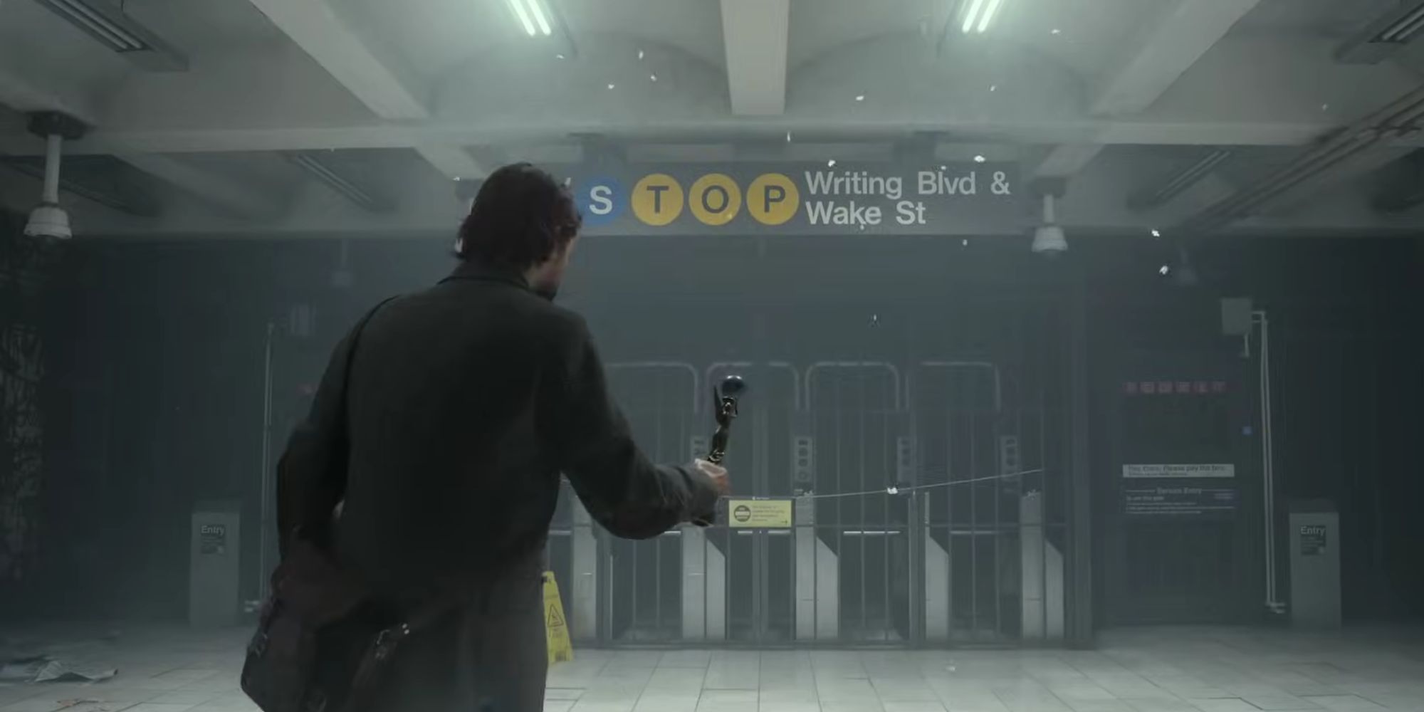 Alan Wake changing a subway using a light.