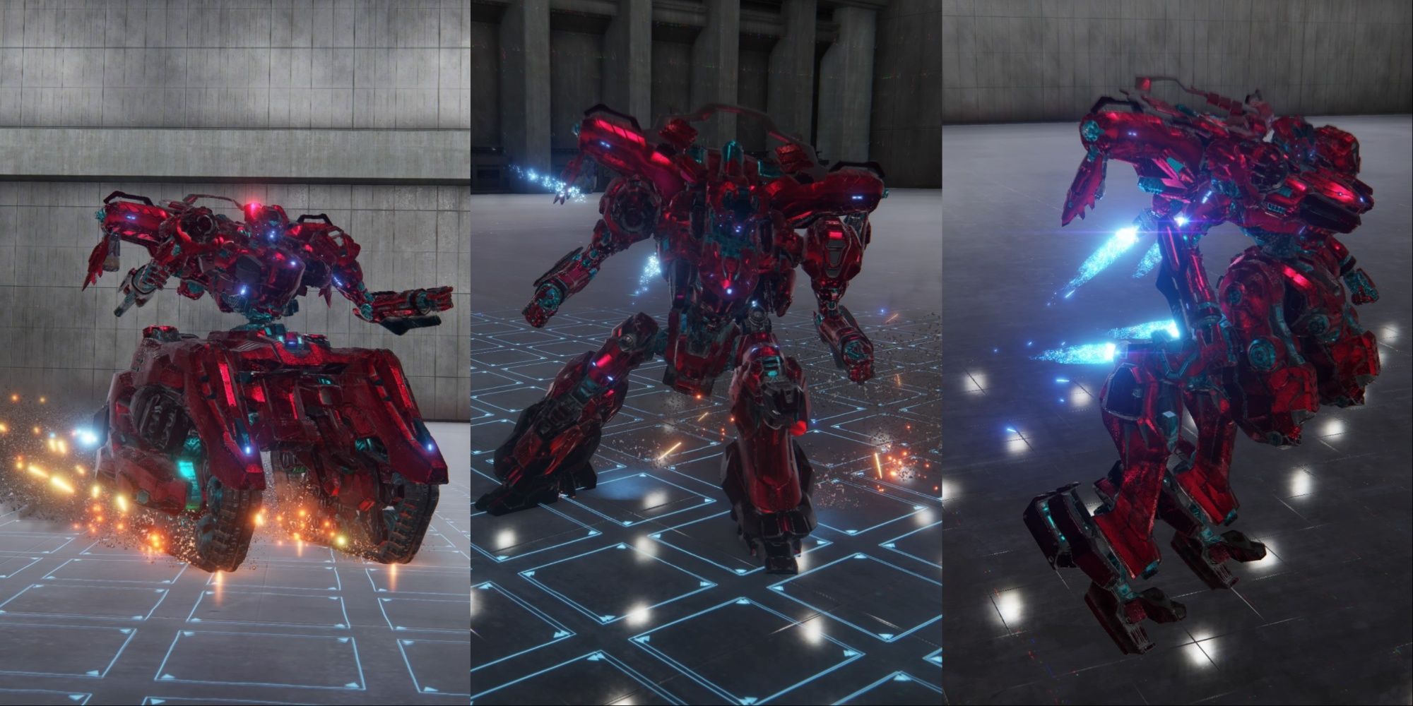 Armored Core 6 collage of leg types featuring an Armored Core with tank legs (left), bipedal legs (Center) and reverse joint legs (right)