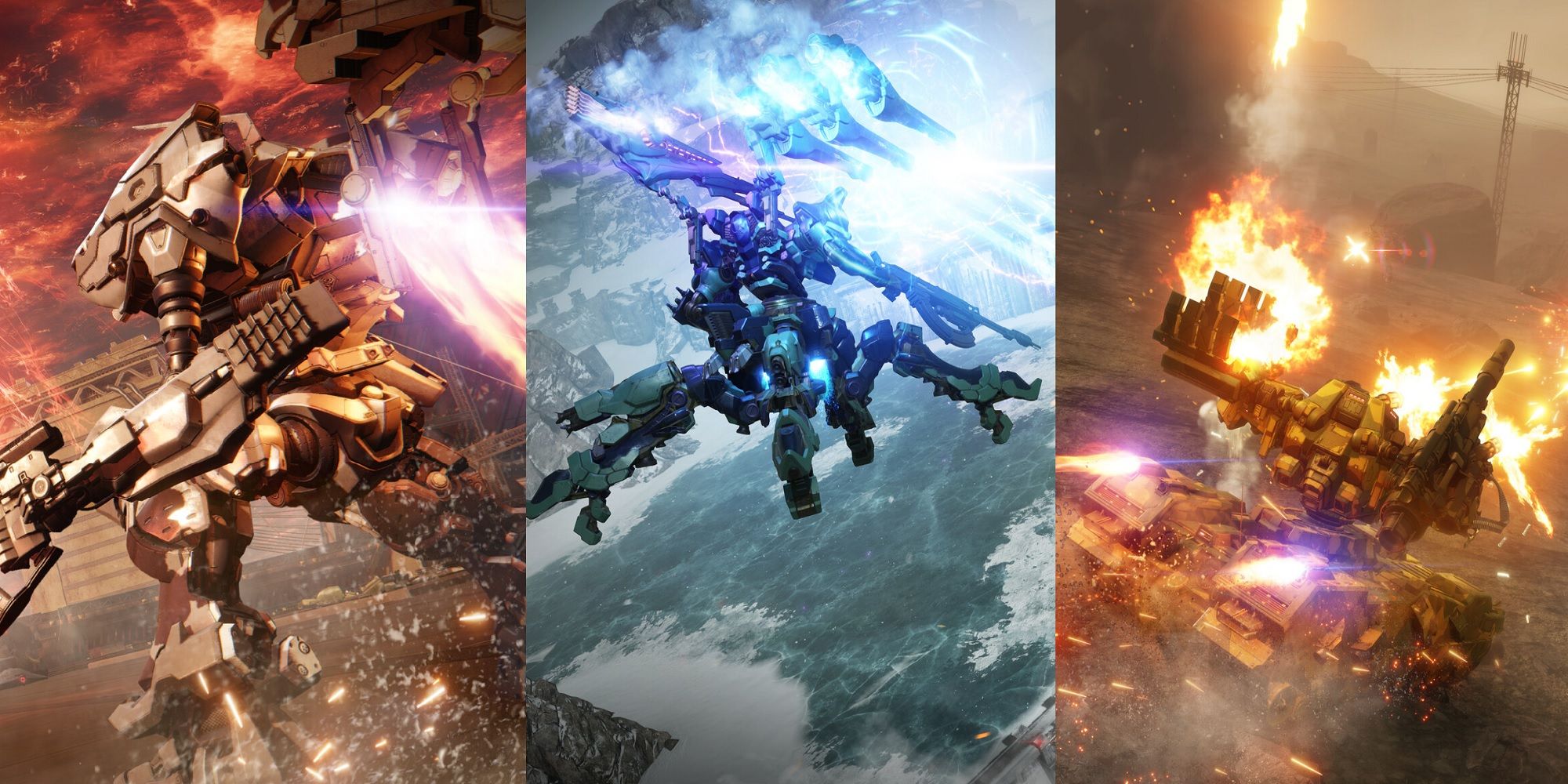 A collage showing three different mechs in Armored Core 6.