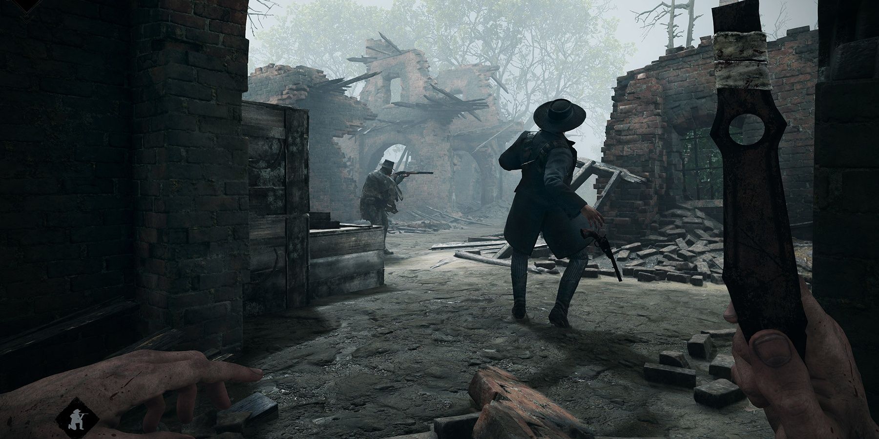 Player attacking a team from behind in Hunt Showdown.