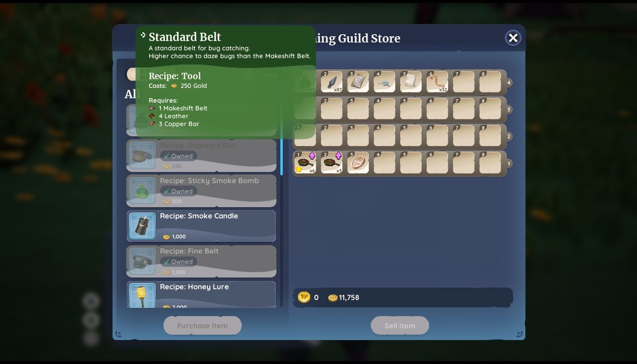 Player character in Auni's shop inventory, showing off recipes for new tool upgrades in Palia.